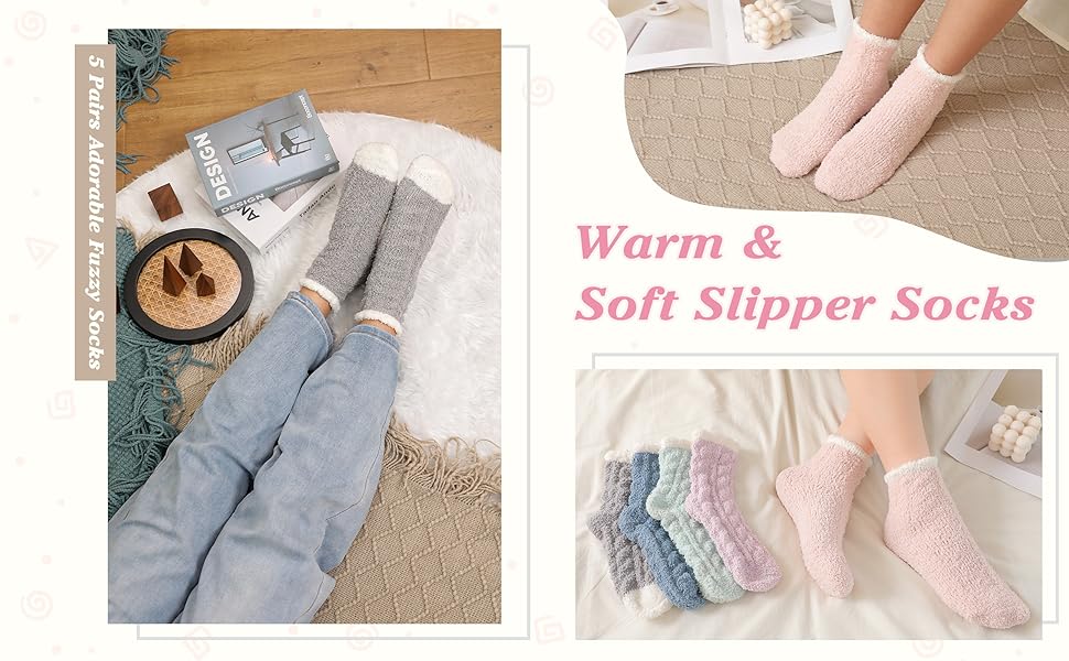 BooQool Fluffy Socks 5 Pairs Fluffy Socks Womens, Bed Socks for Women