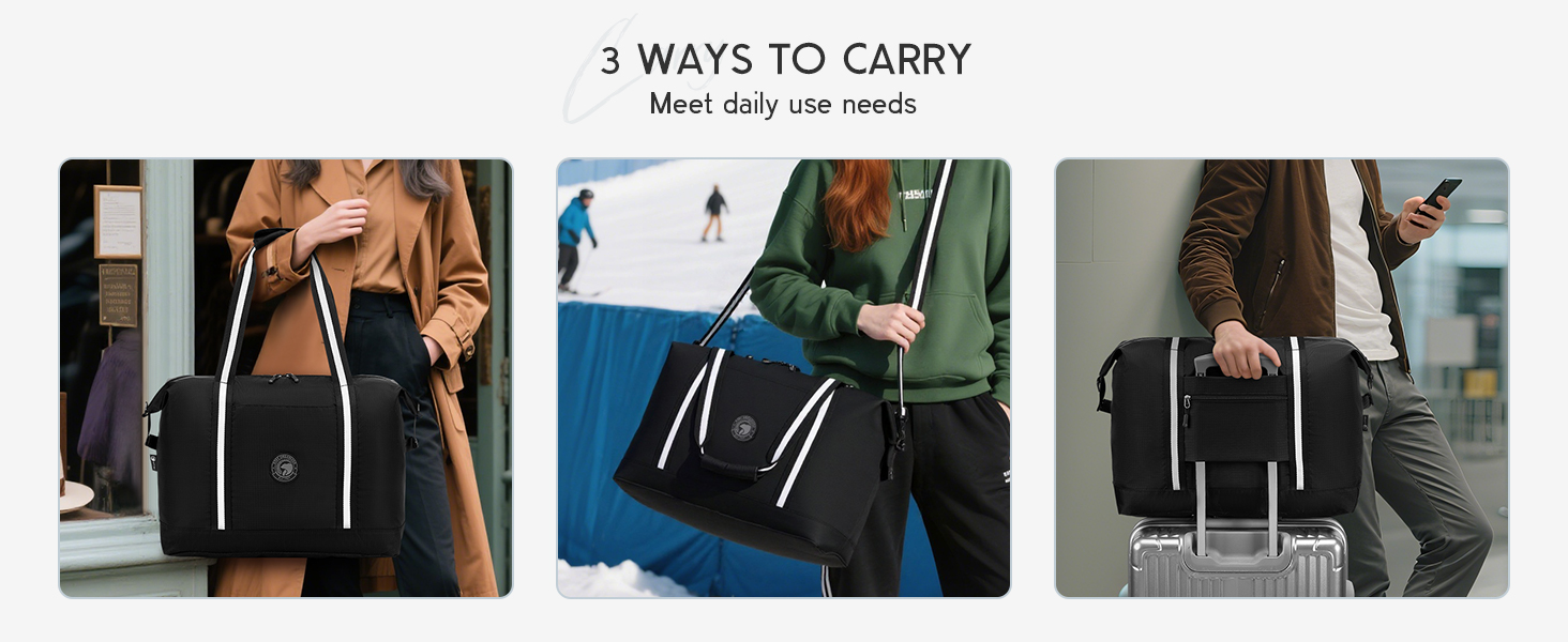 Vitrine de produits à trois panneaux de sacs fourre-tout noirs aux accents blancs, présentés portés par différents porteurs dans un contexte urbain.