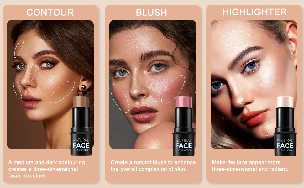 Makeup tutorial showing three steps: contour stick for facial structure, blush stick for natural glow, and highlighter stick for radiance. Each step demonstrated with product and application area.
