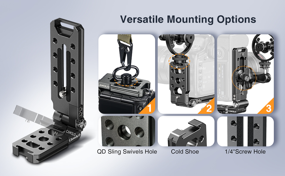 Versatile Mounting with Cold Shoe 1/4&amp;#34; Screw Hole QD Sling Swivels Hole