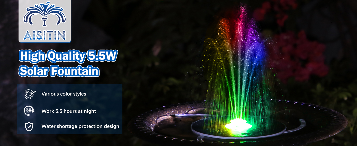Solar-powered fountain with colorful LED lights creating a rainbow water display in darkness. Features 5.5W power rating and water circulation system.