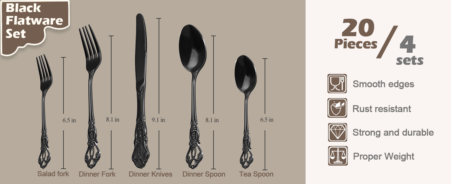 Runfly Gorgeous Retro Royal Black Stainless Steel 20 Pieces Flatware Set