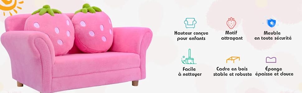 RELAX4LIFE Canapé Enfant 2 Places Avec Rembourrage En Éponge, Surface Peluche De Corail, Fauteuil Sofa Avec 2 Oreillers En Forme De Fraise Pour 3-7 Ans, 90X53X48 CM, Rose/Bleu (Rose) 14 1