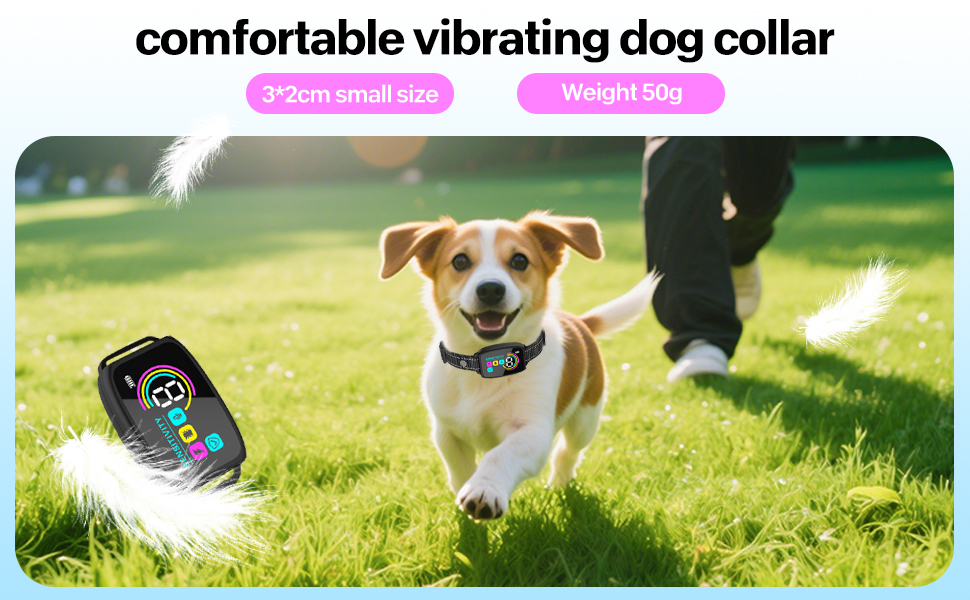 Vibrating dog collar with small size (3*2cm) and weight of 50g. Image shows a happy dog wearing the collar and a close-up of the device with colorful buttons.