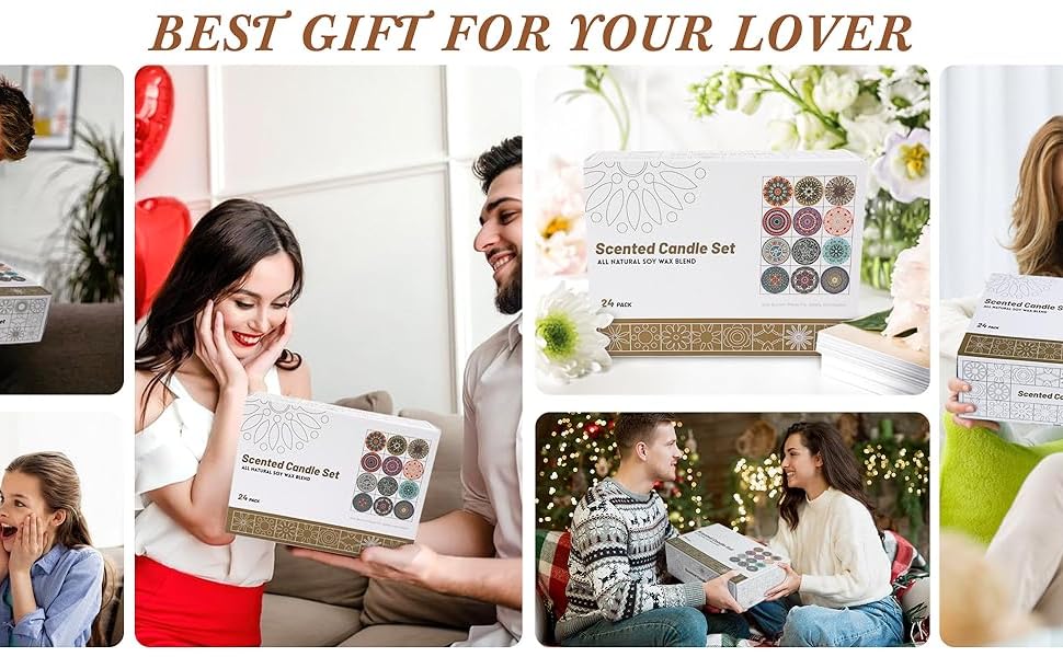 Collage of people exchanging and enjoying small boxed gifts. Central image shows a white gift box with text and colorful round objects inside, possibly chocolates or bath products.