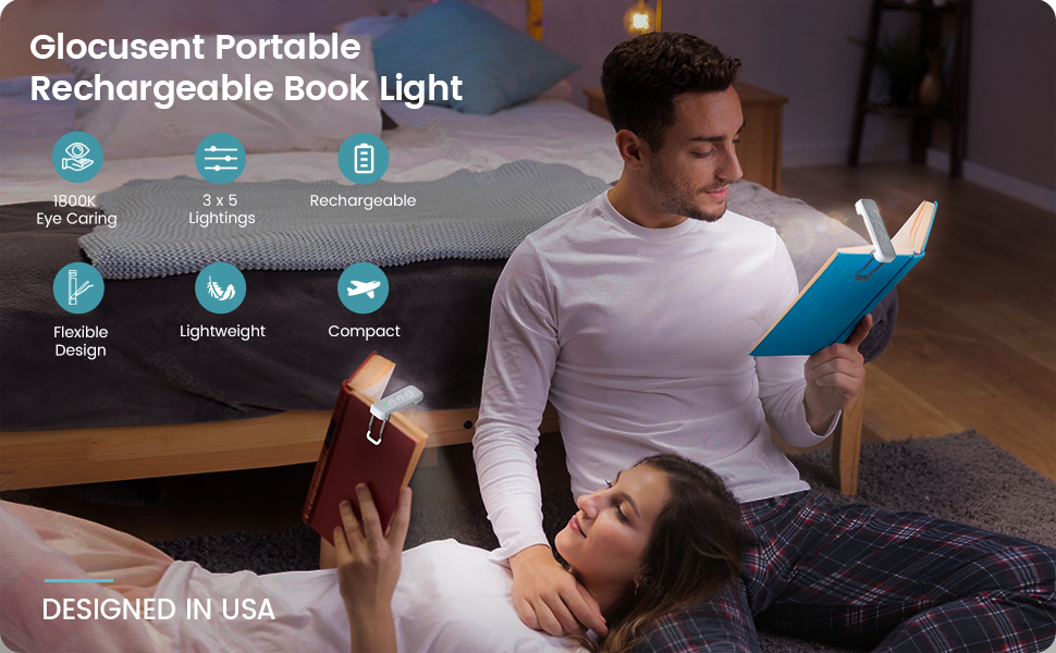 Glocusent USB Rechargeable Book Light 2 Pack, Portable Clip