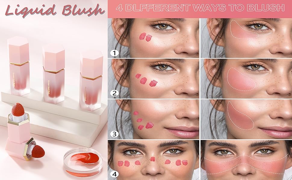 Liquid blush application guide featuring pink-toned products and a step-by-step demonstration of blush placement and blending on a face.