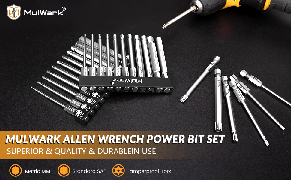 MulWark 33PC Allen Wrenches Drill Bits Set (Metric & SAE & Torx), 2.9