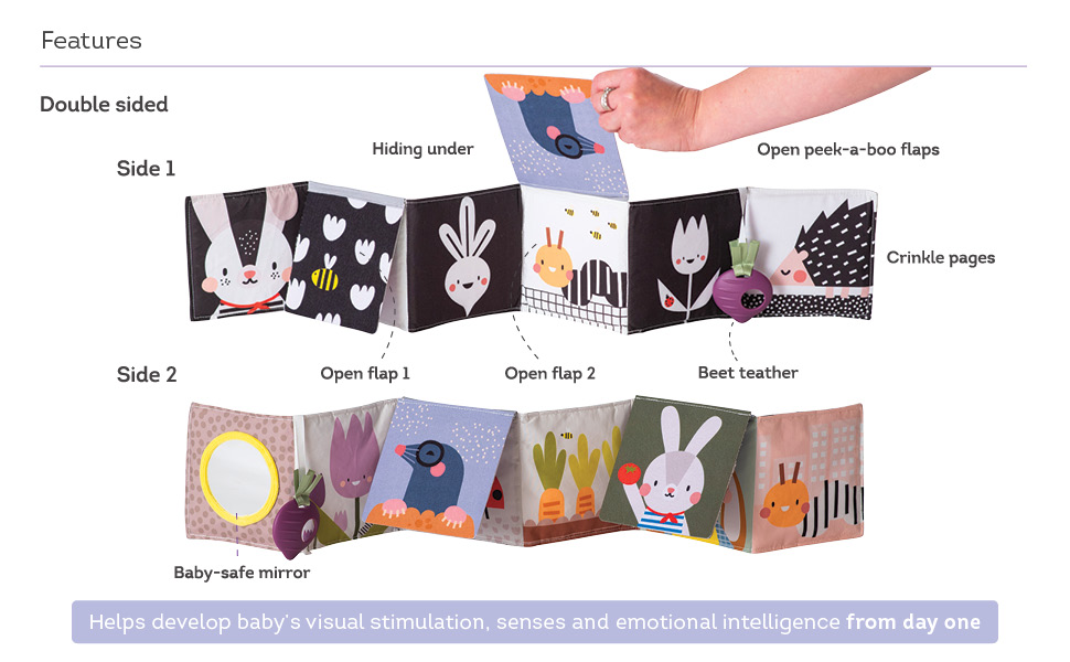 Taf Toys Urban Garden Soft Cloth Newborn Book, Crinkle Baby Book. High Contrast Sensory Toys. Early Education Activity Toy. Infant Tummy Time Toys. Multi-Sensory Textures and a Baby-Safe Mirror 16 Taf Toys Urban Garden Pram Book5
