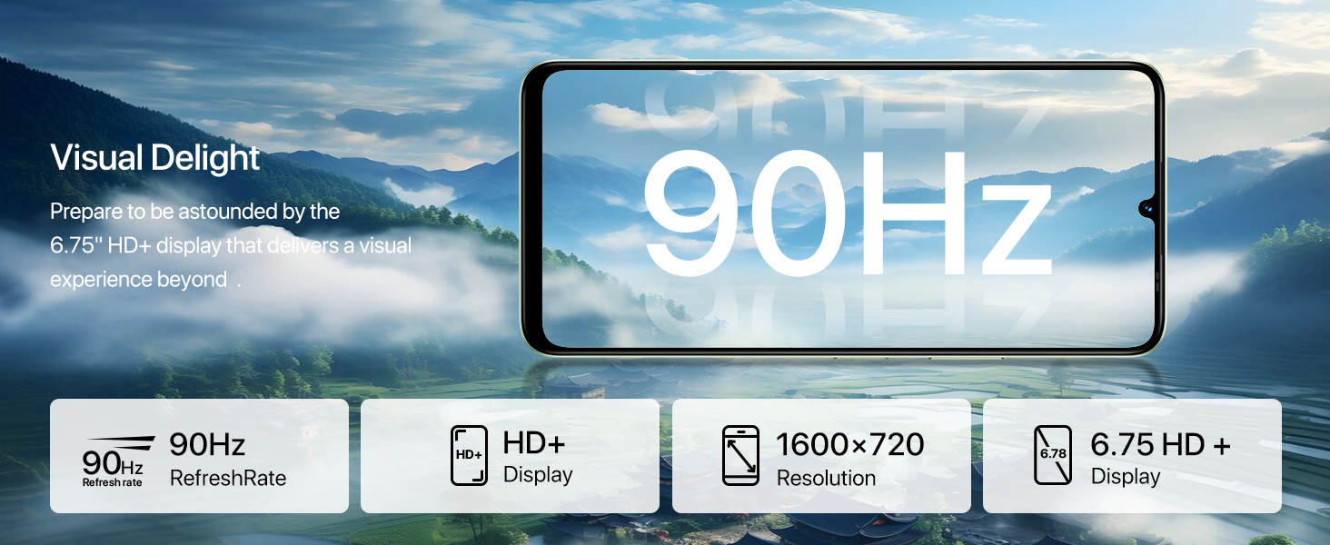 Mobile display specifications graphic showing 90Hz refresh rate, HD+ display, 1600x720 resolution against cloudy mountain background.