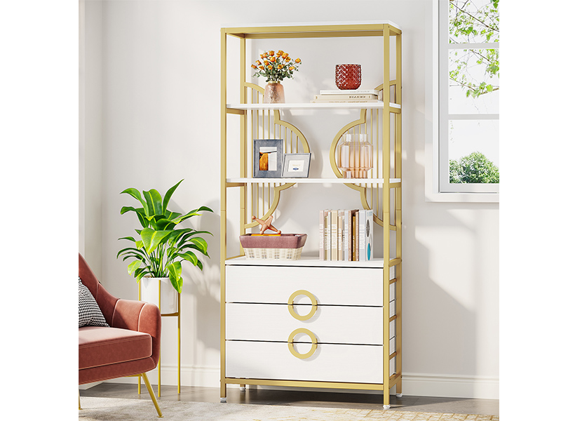 Tribesigns White Gold Bookshelf Bookcase with 3 Drawers 71