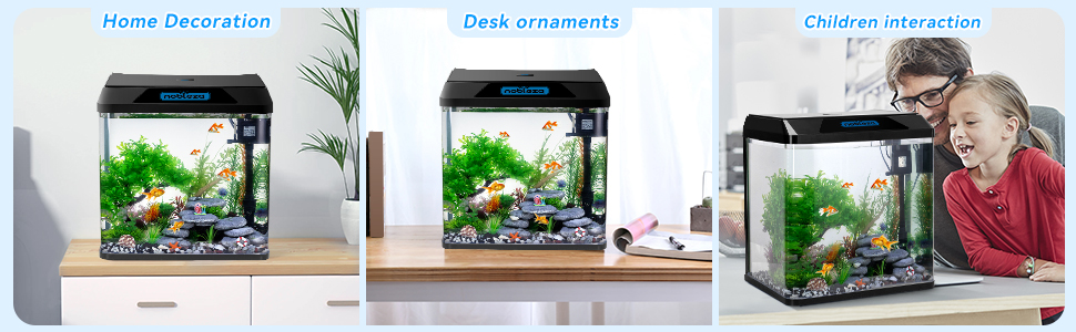 Dreiteiliges Bild, das ein kleines Würfelaquarium zeigt. Links: Wohndekoration, Mitte: Schreibtischdekoration, Rechts: Kind, das Fische im Aquarium beobachtet.