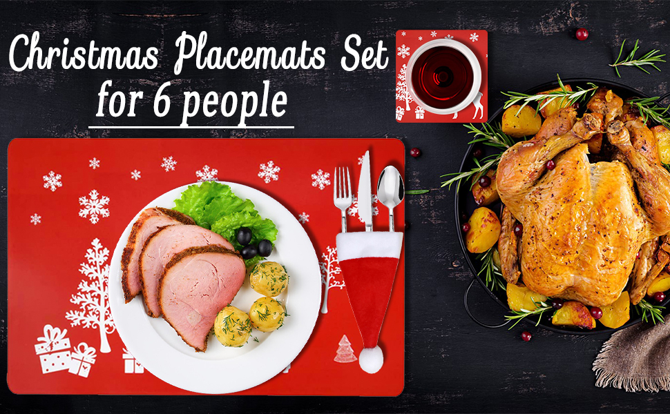 18 Pcs Set Christmas Placemats, Christmas Place Mats 6 And Coasters