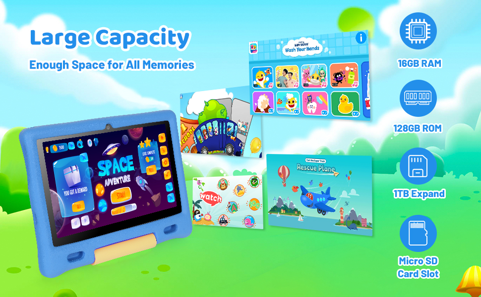 Blue tablet device for children with large capacity features: 16GB RAM, 128GB ROM, and Micro SD card slot. Showcases colorful apps and educational content on screen.