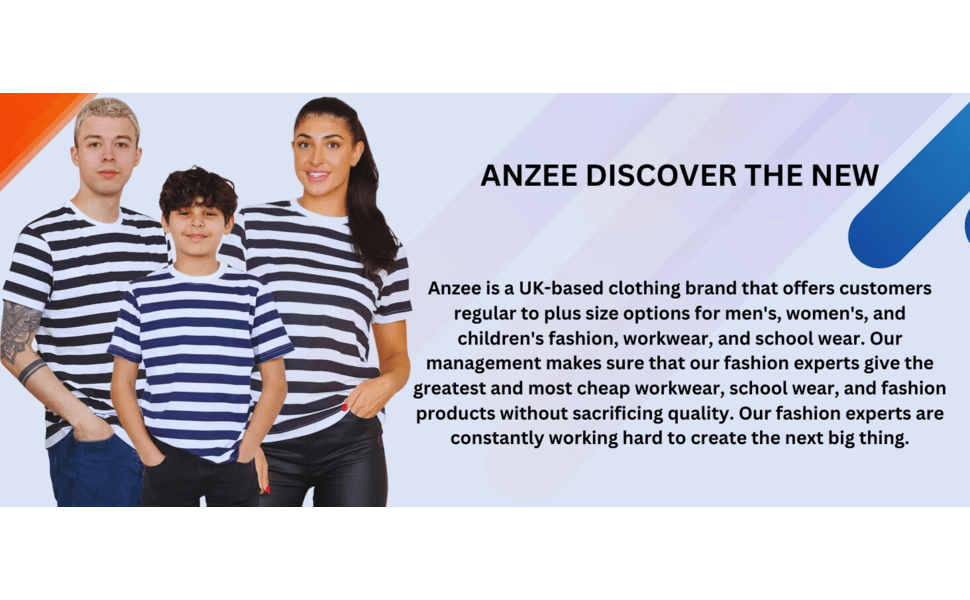 Three people wearing matching navy and white striped t-shirts. Text describes Anzee, a UK clothing brand offering various fashion options for different demographics.