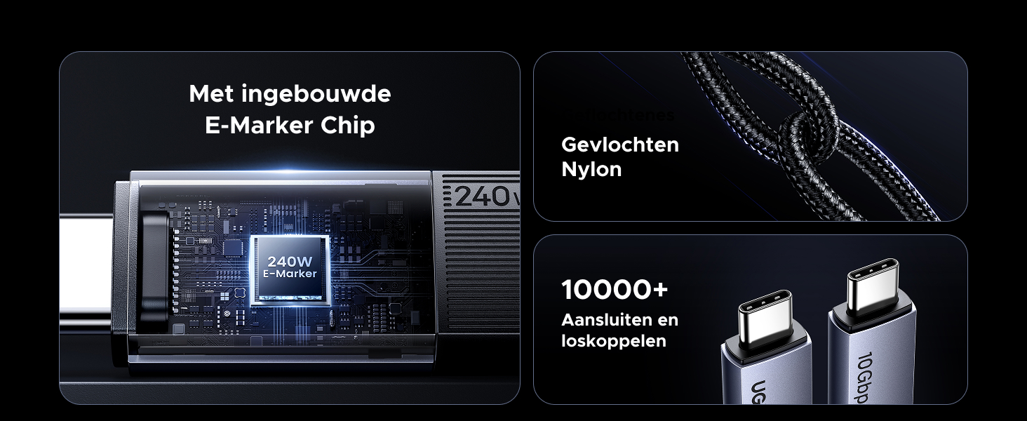 Zusammengesetztes Bild mit elektronischem Chip, Nylonkabel und USB-C-Anschlüssen. Zu den Funktionen gehören ein integrierter E-Marker-Chip, eine geflochtene Nylonkonstruktion und die Kompatibilität