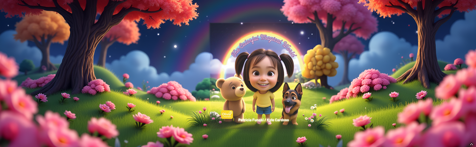 A whimsical landscape with vibrant rainbows arching across a colorful meadow, surrounded by enchanti
