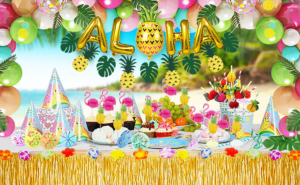 Hawaiian Tropical Party Decorations Set with Balloon, Beach Party Decorations Luau Table Skirt