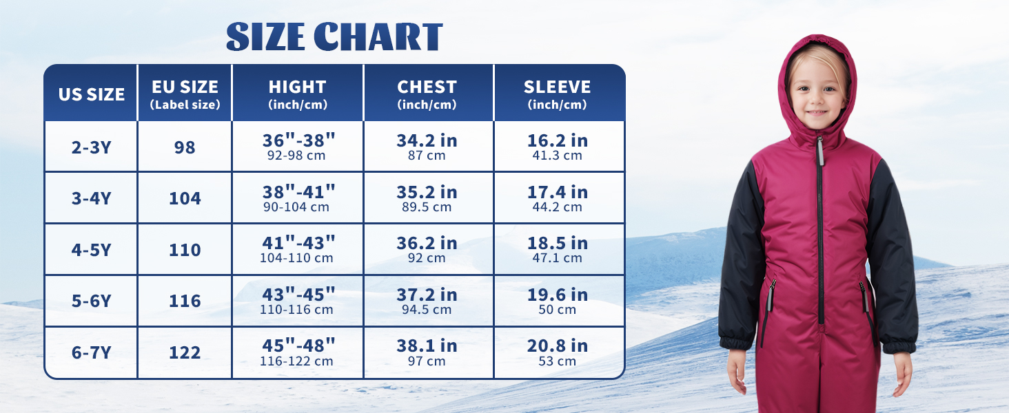 Size chart for clothing, showing measurements for different sizes including height, chest, and sleeve length. Features a small image of a pink hooded jacket.