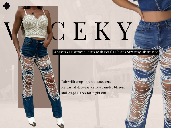 Vaceky Pearl Ripped Jeans Womens High Waist Stretchy