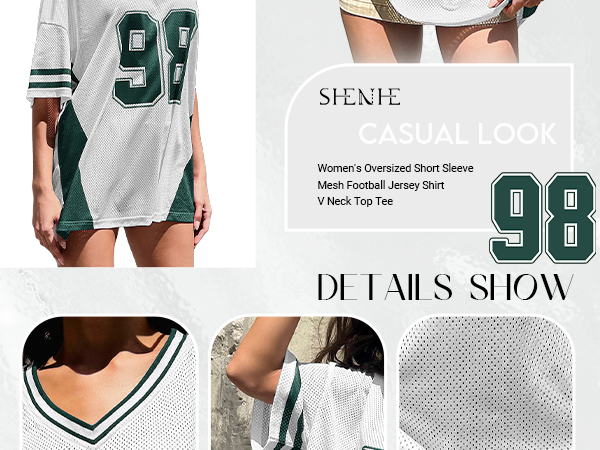 SHENHE Women's Oversized Short Sleeve Mesh Football Jersey