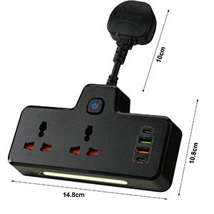 Black power strip with multiple outlets, USB ports, and adjustable mount. Dimensions shown: 14.8cm width, 14cm depth.