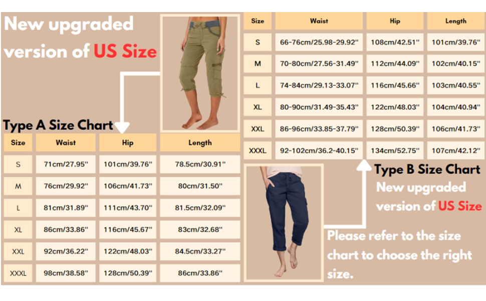 capri cargo pants  size chart