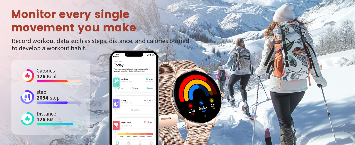 Fitness tracking smartwatch with colorful display showing activity stats. Smartphone app and skiers in snowy mountains demonstrate workout monitoring capabilities.