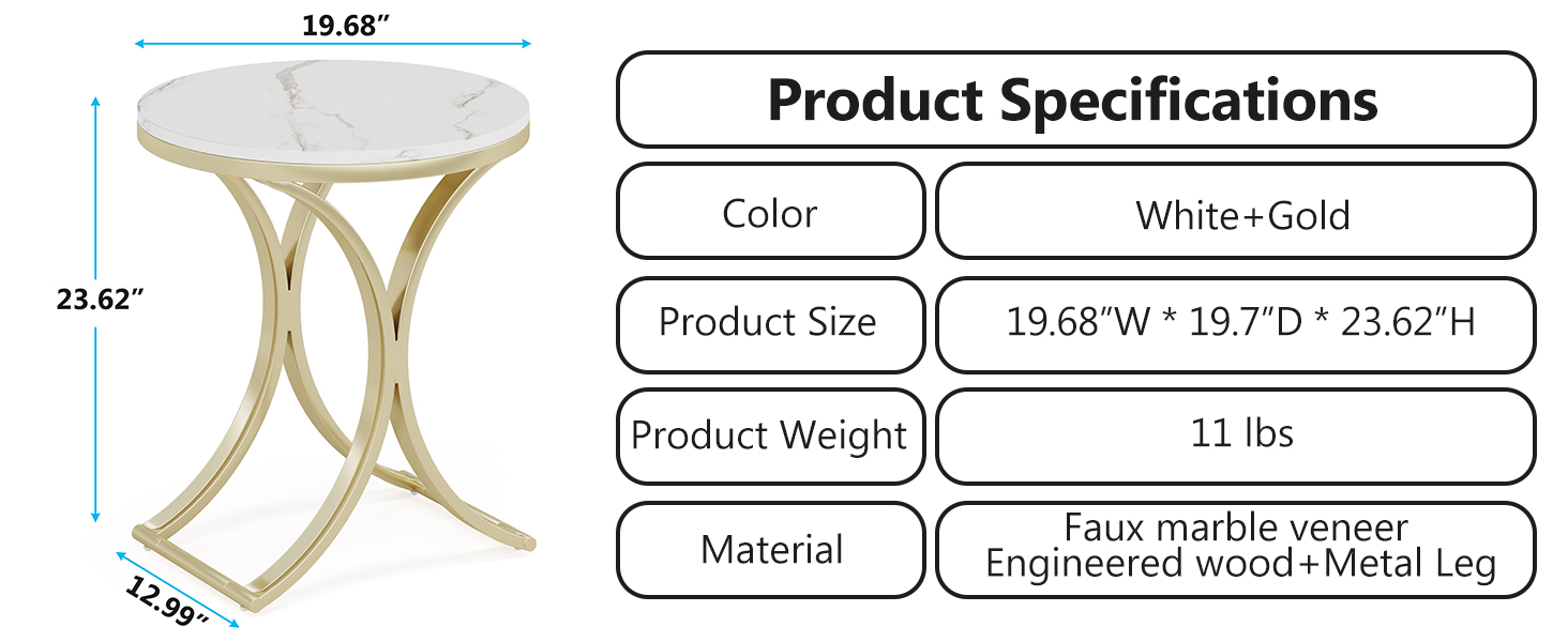 Tribesigns White Gold Side Table Small C End Table Set of 2