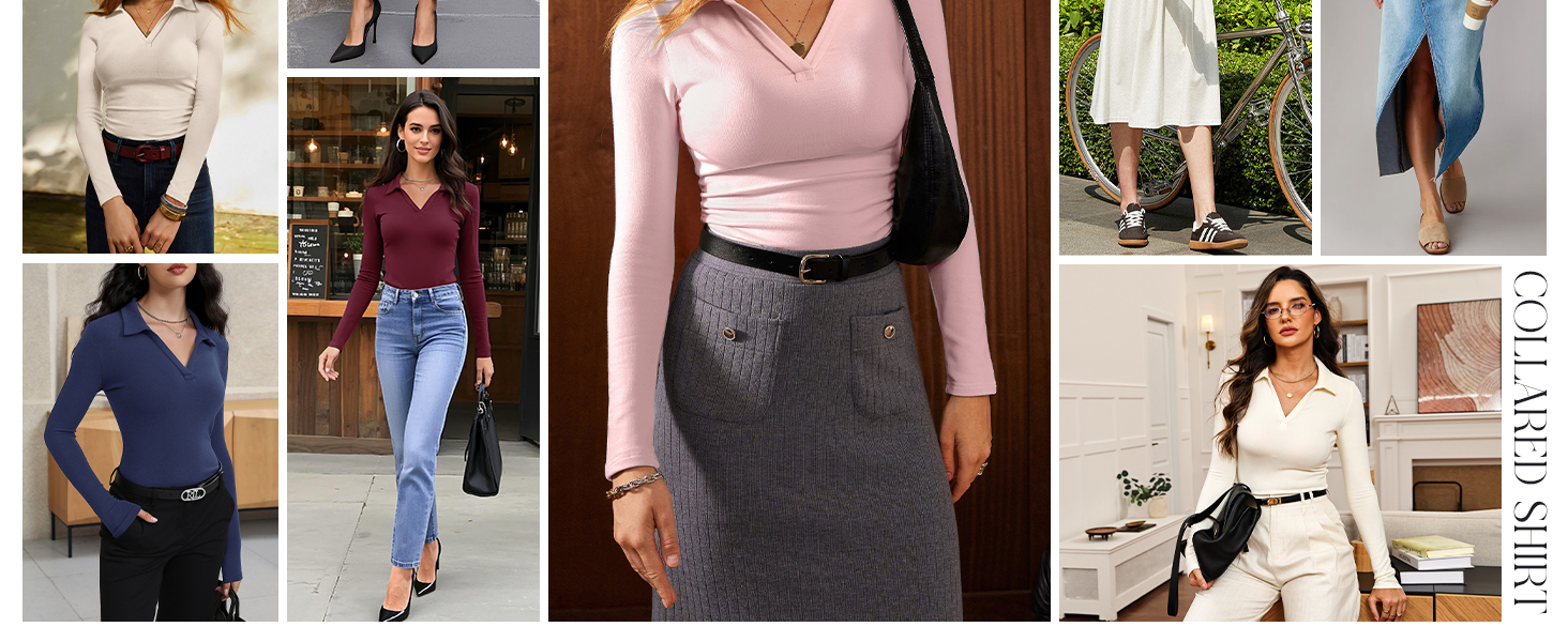 Prettywear Womens Long Sleeve Polo Shirts Business Casual Work Tops Blouse Fitted Collared V Neck Shirt 2025 Fall Clothes 29 4052