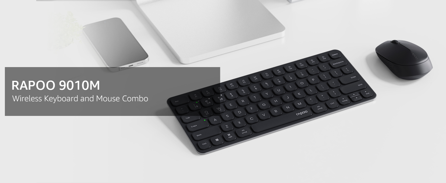 Text reads 'RAPOO 9010M'. Modern wireless keyboard and mouse set in white, displayed on light surface with minimalist aesthetic.