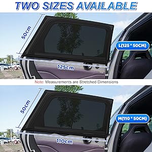 Vehicle window sunshades in two sizes: 50cm x 125cm and 50cm x 110cm. Mesh material blocks sunlight while allowing visibility. Installed on rear side windows.