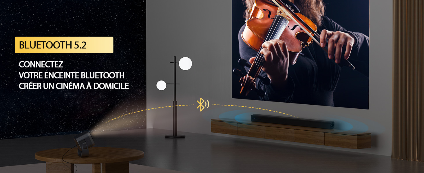 pour le home cinéma, montrant la connexion sans fil entre le téléviseur et la barre de son. Texte en français visible.