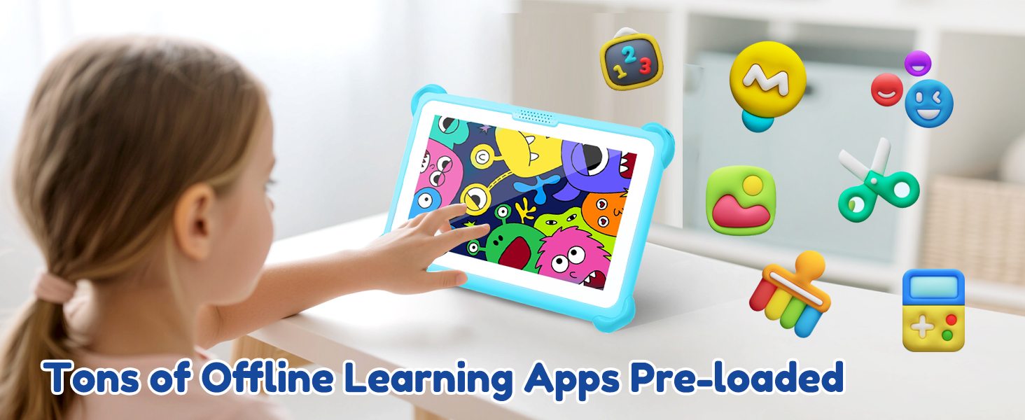 Text reads 'iPads or Offline Learning Apps Pre-loaded'. Display showing colorful educational app icons and learning games on a tablet device screen.