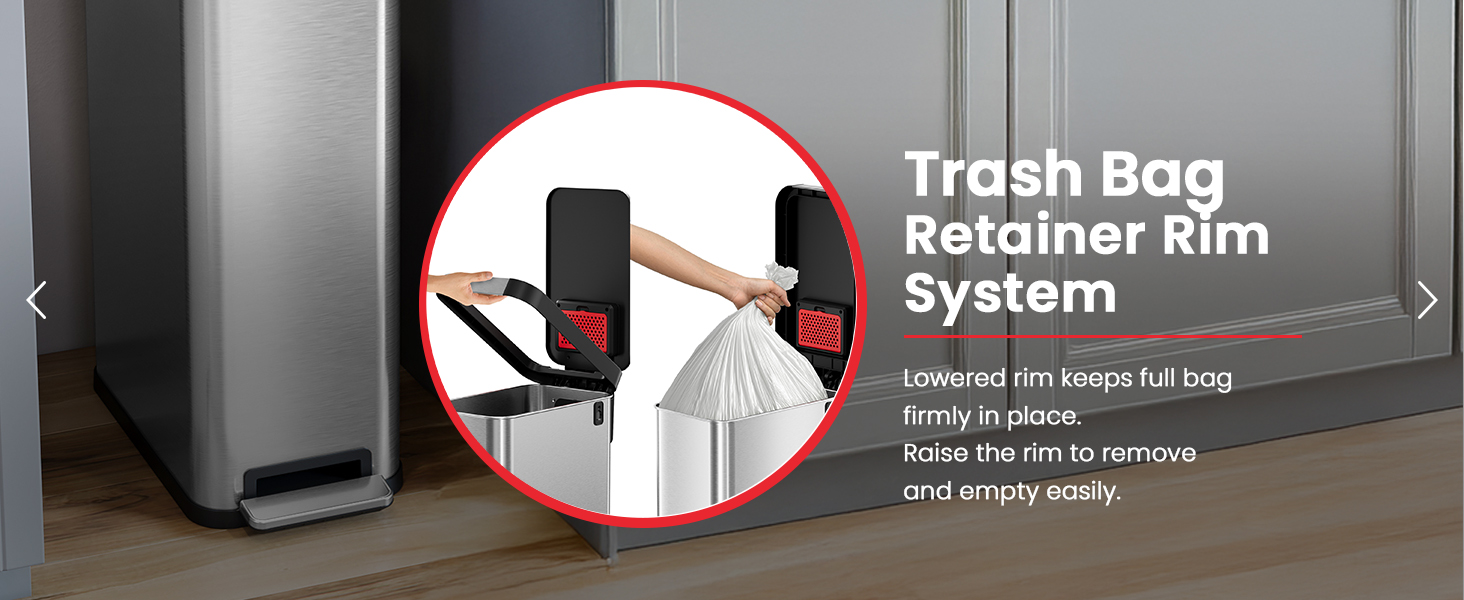 Trash Bag Retainer Ring System prevents a full bag falling in