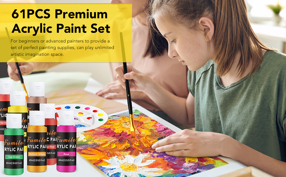 Acrylic Paint Set,61Pcs Set with 36 Colors (60ml, 2oz),12