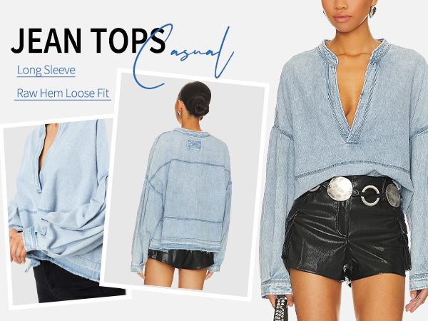 Women's Denim Pullover Tops Deep V-Neck Long Sleeve Raw Hem Loose