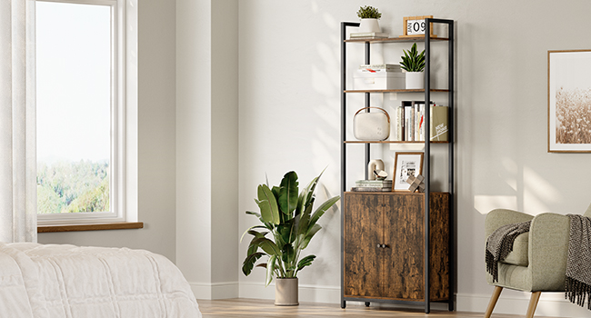 könyvespolc, 6 szintes, állópolc ajtókkal, 24 × 60 × 159,5 cm, vintage barna–tintafekete