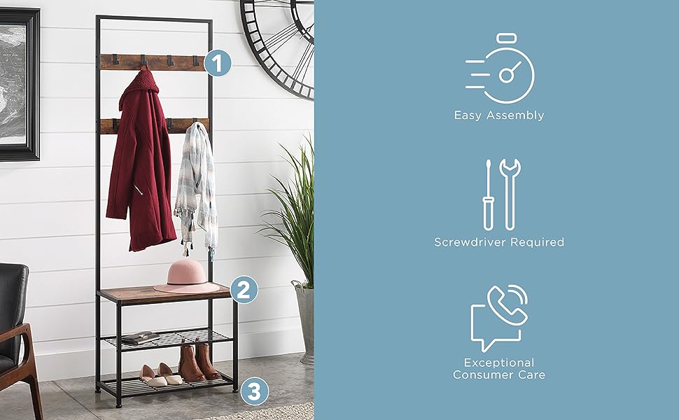 Whitmor Modern Industrial Entryway Coat Rack Hall Tree w/Shoe Storage