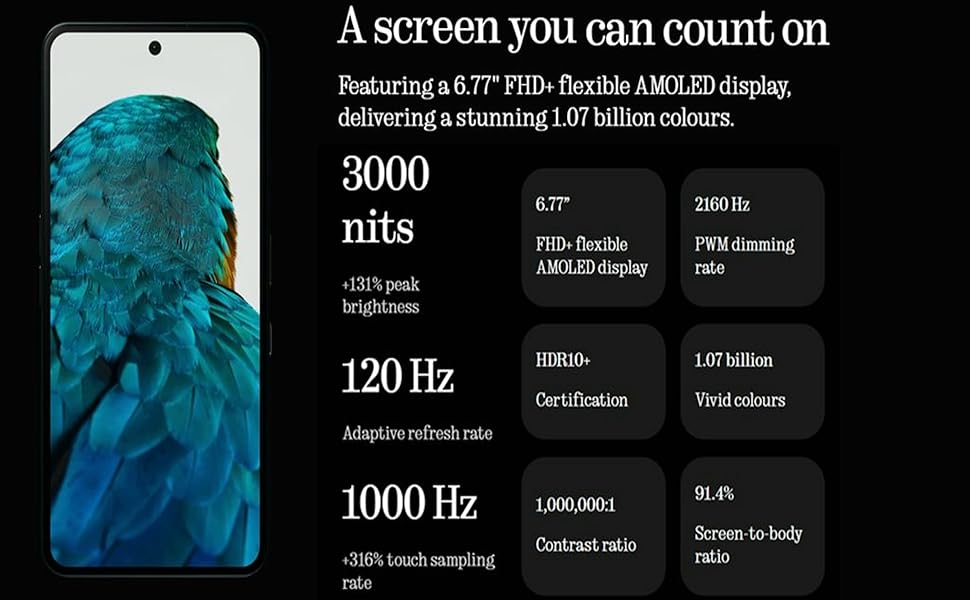 Smartphone display with screen brightness, refresh rate, and color features.