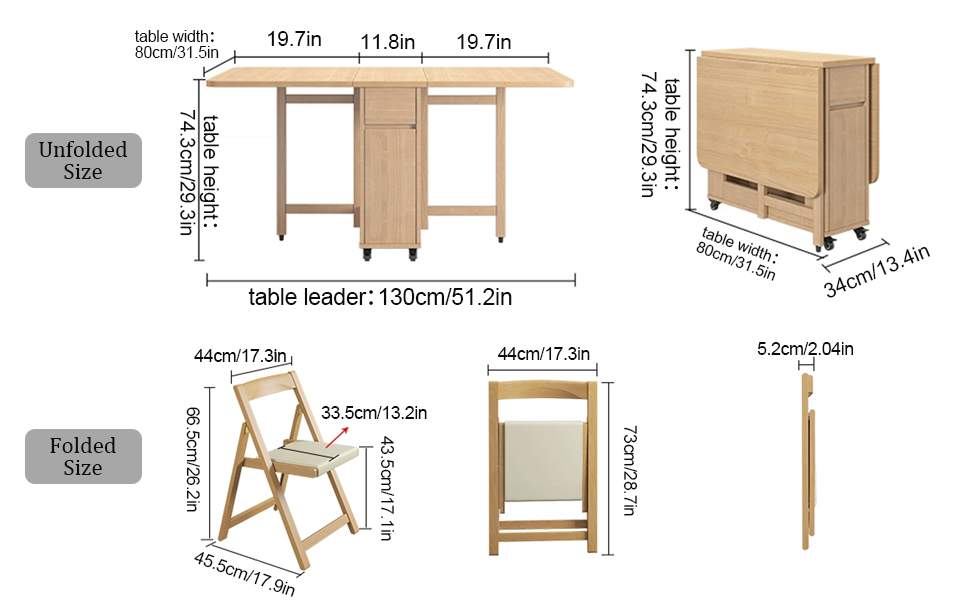 KISFWIU folding table and chairs,51.2in Fruit wood color solid wood