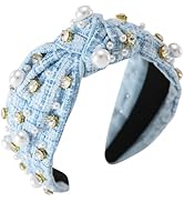Gmmidea Pearl Rhinestone Tweed Headband for Women Sparkle Luxury Plaid Knotted Headband Wide Vint...