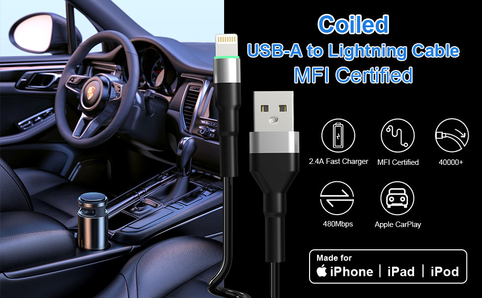 Coiled iPhone Cable for Apple Carplay, MFi Certified Retractable iPhone Charger Cord, Coiled USB