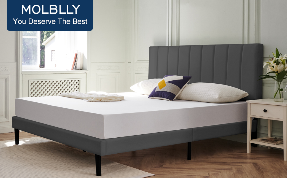Cadre de lit Molblly Queen avec tête de lit rembourrée, cadre de lit plateforme pour grand lit