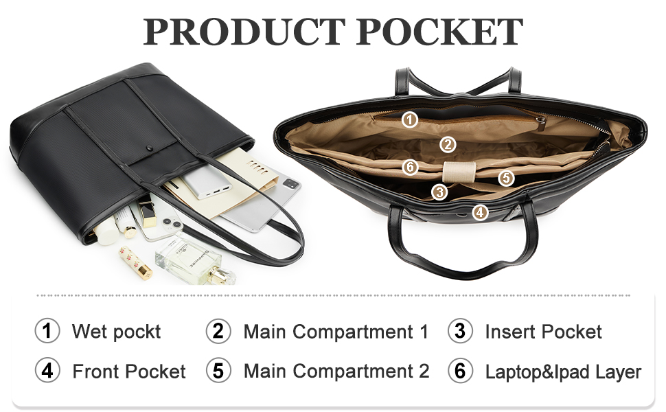 Black tote bag with multiple pockets can hold books, ipad, phone, power bank, perfume lipsticks