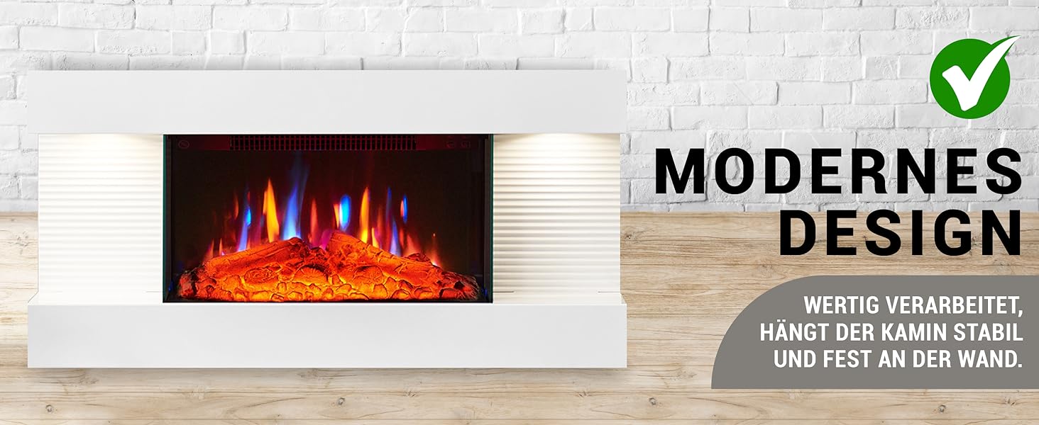 Moderner weißer elektrischer Kamineinsatz mit blauen und orangefarbenen Flammen an einer weißen Backsteinwand, mit deutschem Text zum Design.
