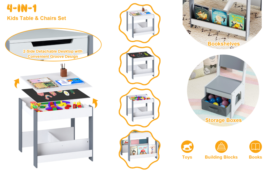 Assembly instruction diagram showing '4-IN-1' table configuration with multiple setup options. Orange icons and arrows indicate assembly steps and possible arrangements.