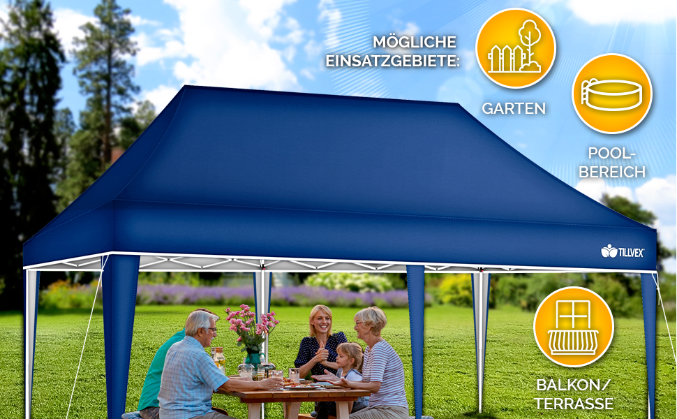 Grote blauwe vouwtent voor buiten met mensen die eronder aan een tafel zitten. Pictogrammen tonen meerdere gebruikssituaties, waaronder terras- en balkontoepassingen.