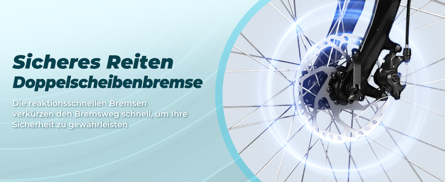 Nahaufnahme einer Fahrradscheibenbremsanlage mit deutschem Text 'Sicheres Reiten Doppelscheibenbremse'