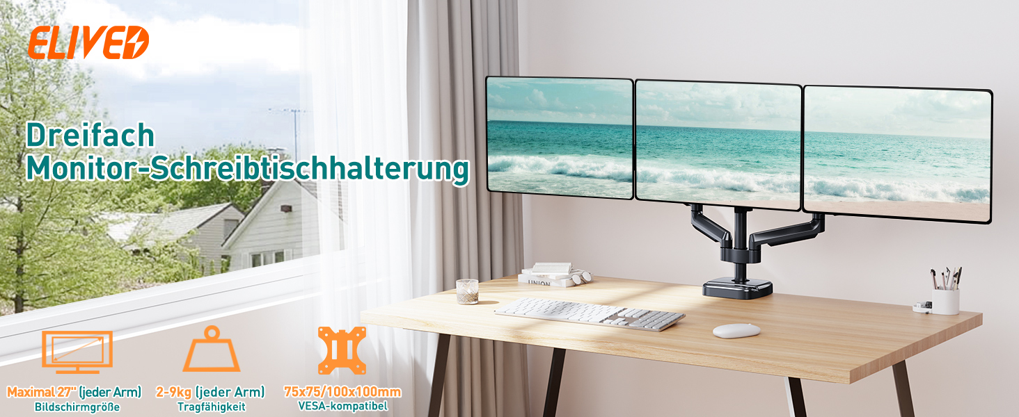 ELIVED Monitor Halterung 3 Monitore für 13-27 Zoll Bildschirme Gasdruckfeder 3 Monitorhalterung